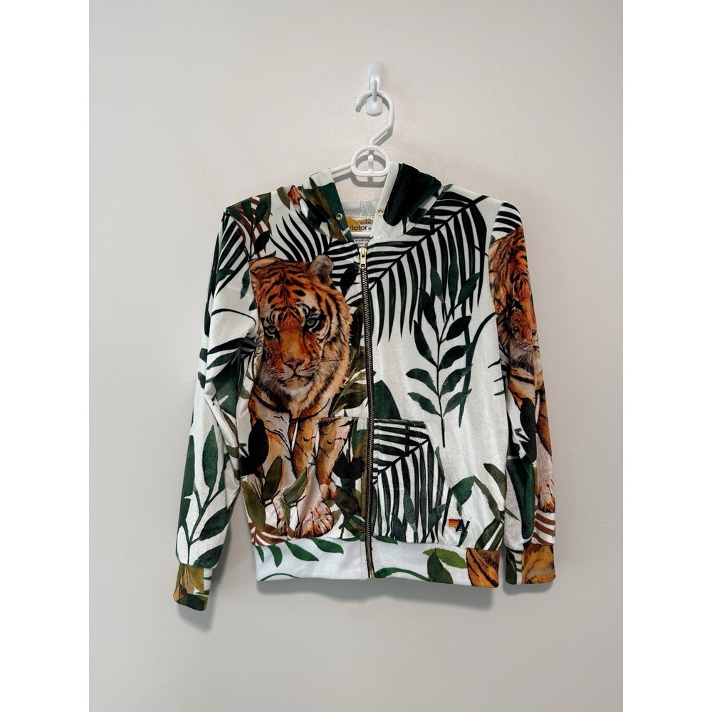 Aviator Nation Velour Tiger Jungle Print Zip Up Hoodie Sweatshirt Kid Size 12